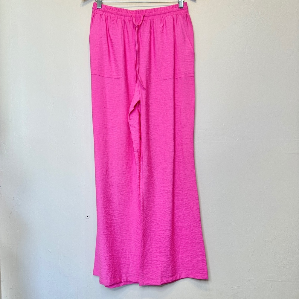 HG Barbie Pink Elastic Pull On Hip Pockets Wide Leg Lightweight Barbiecore Pants - Picture 2 of 12